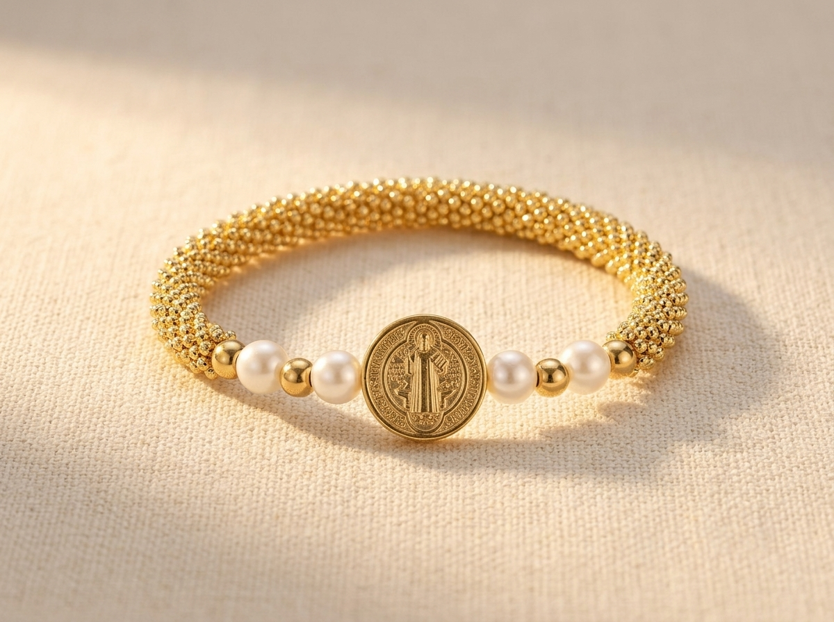 Saint Benedict Gold & Pearl Bracelet