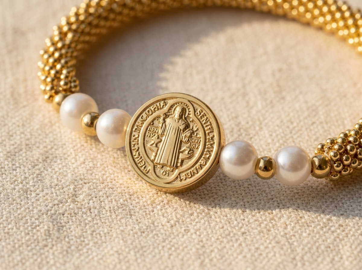 Saint Benedict Gold & Pearl Bracelet
