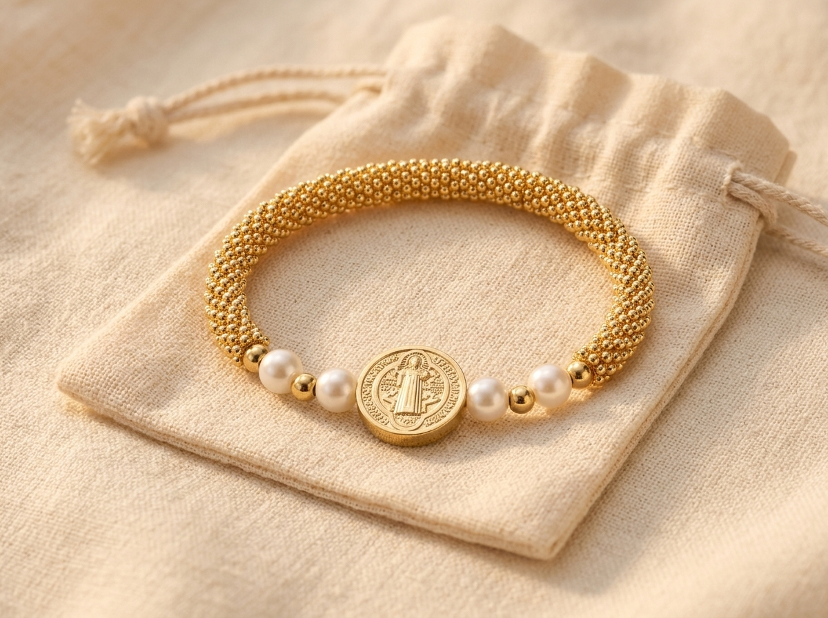 Saint Benedict Gold & Pearl Bracelet