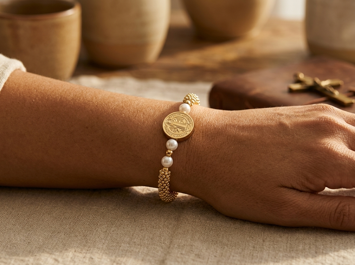 Saint Benedict Gold & Pearl Bracelet