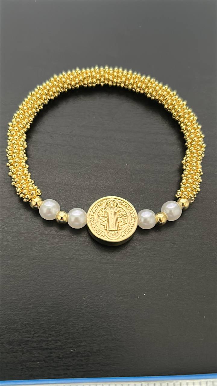Saint Benedict Gold & Pearl Bracelet