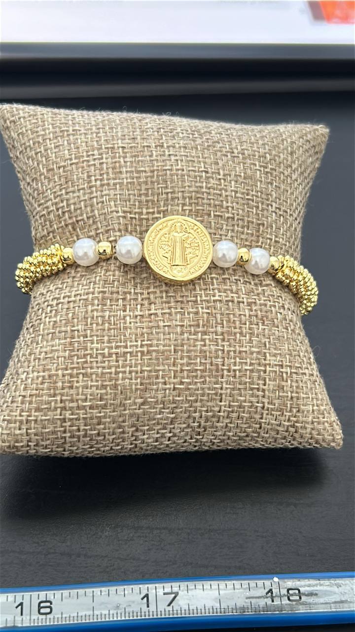 Saint Benedict Gold & Pearl Bracelet