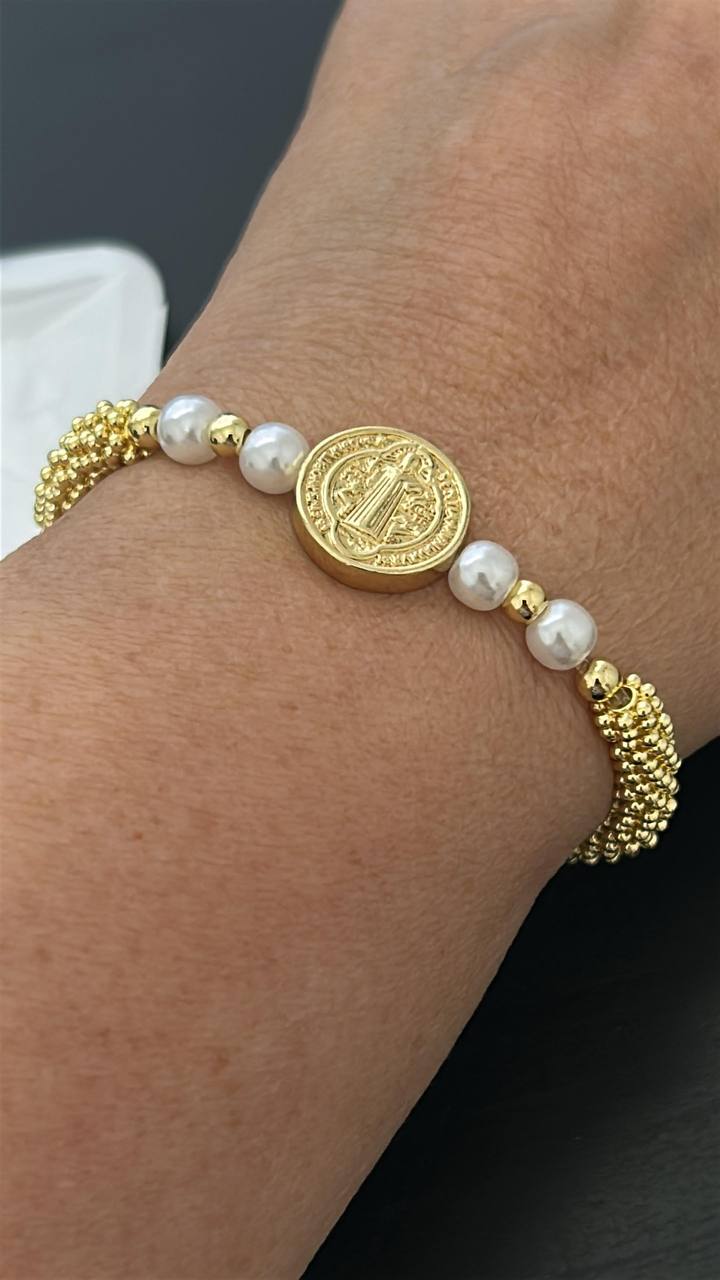 Saint Benedict Gold & Pearl Bracelet