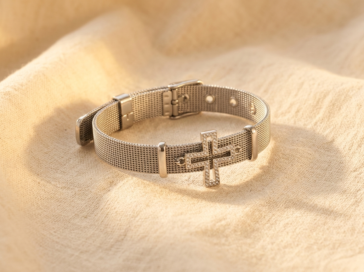 Mesh Cross Silver Steel Bracelet