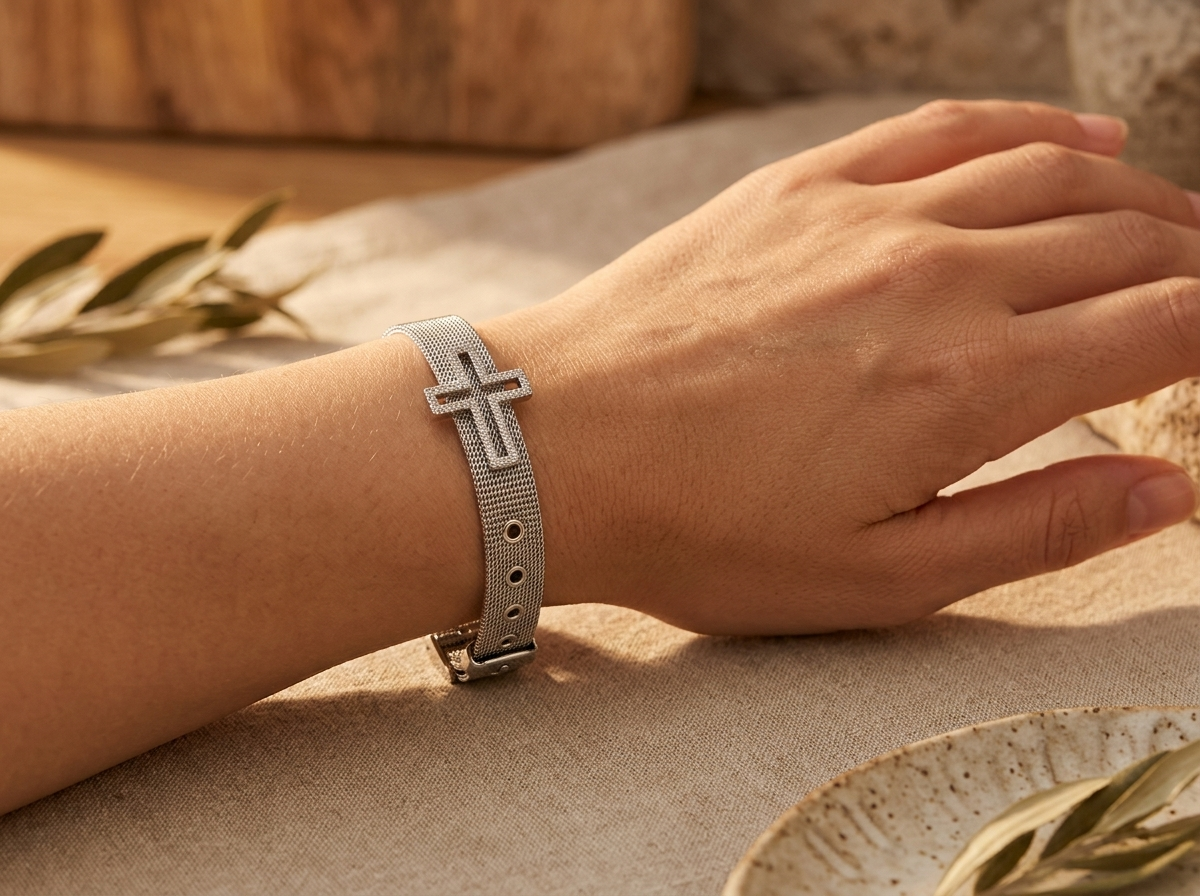 Mesh Cross Silver Steel Bracelet